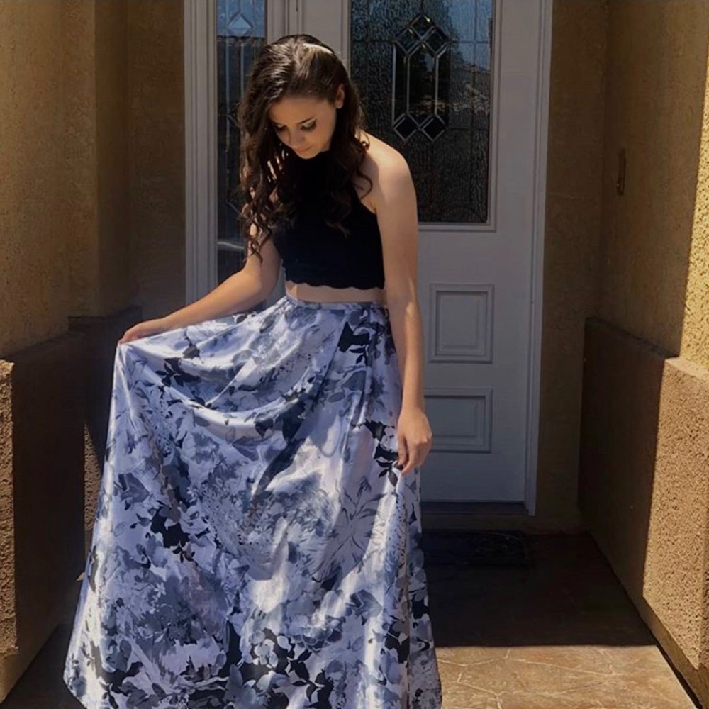 Two Piece Black Floral Prom Dress